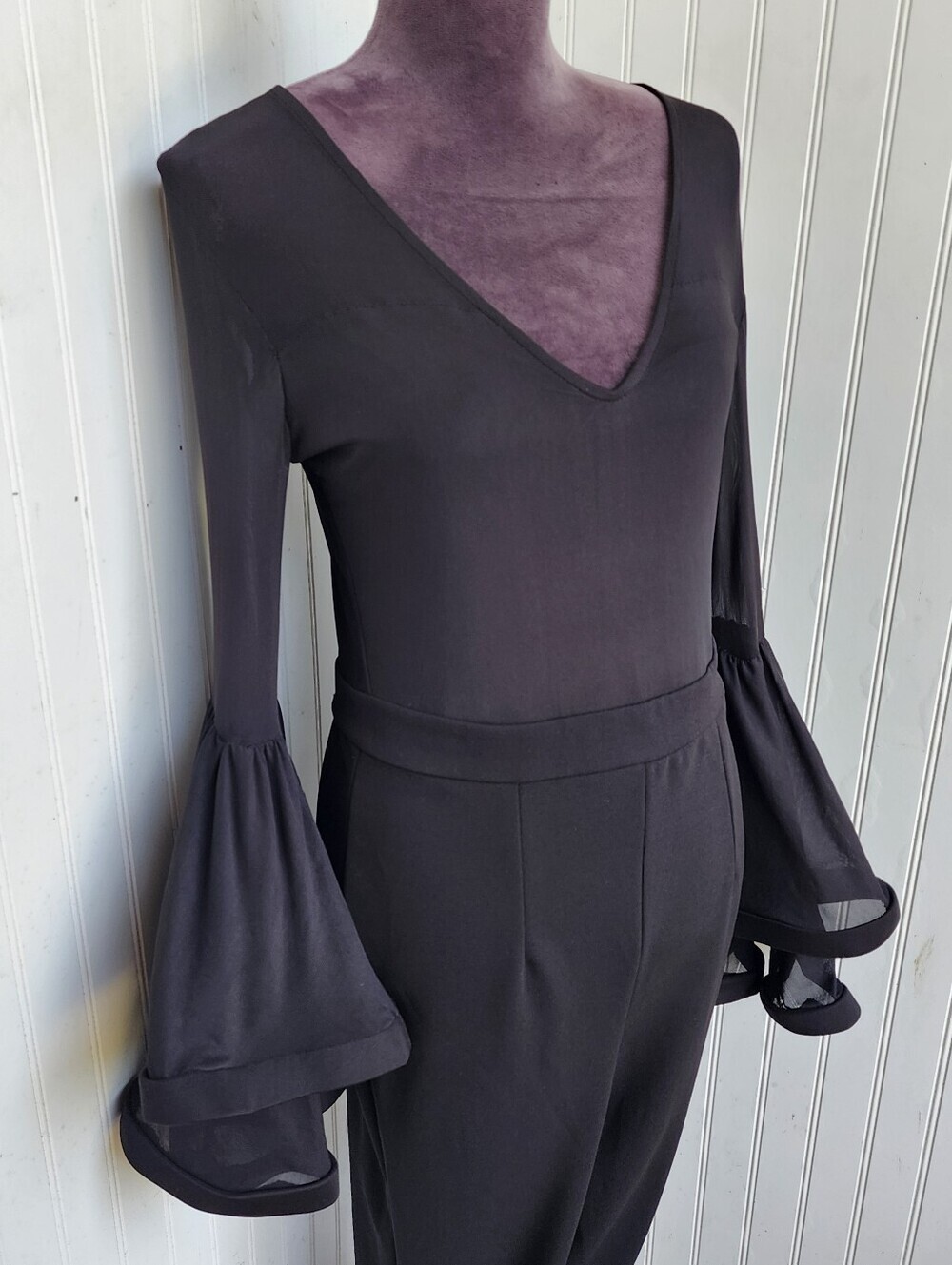 Venus Jumpsuit Skinny Leg Womens Black Mesh Top Layered Flared Wired Sleeves M - Picture 4 of 16